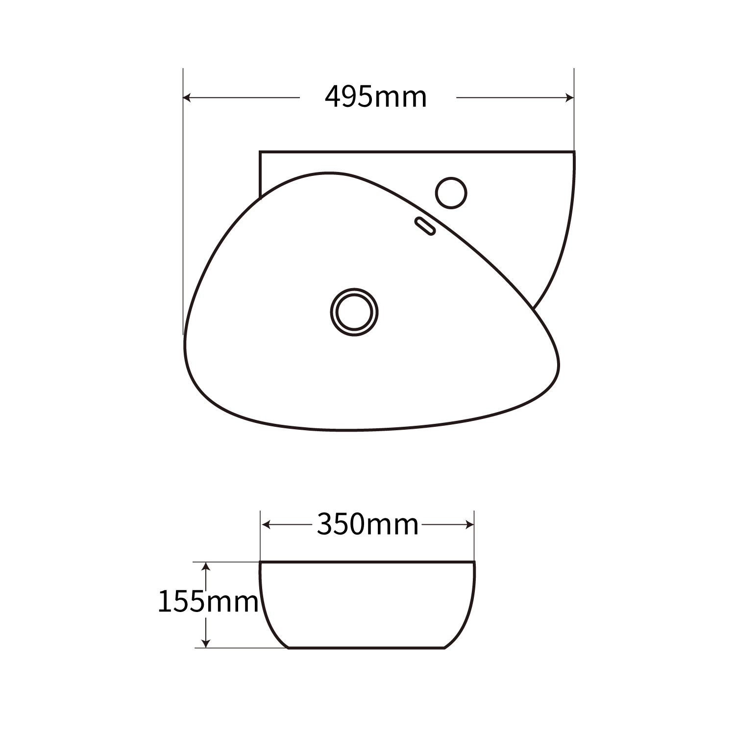 dimension figure of vessel sink mc-0136,produced by meilong ceramics